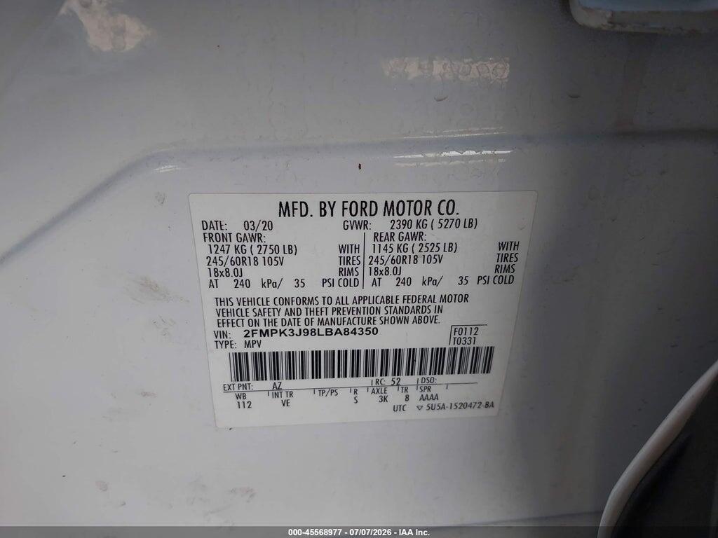 2FMPK3J98LBA84350 2020 FORD EDGE photo no. 9