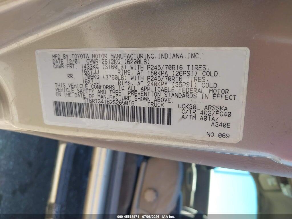 5TBRT34162S265016 2002 TOYOTA TUNDRA photo no. 9