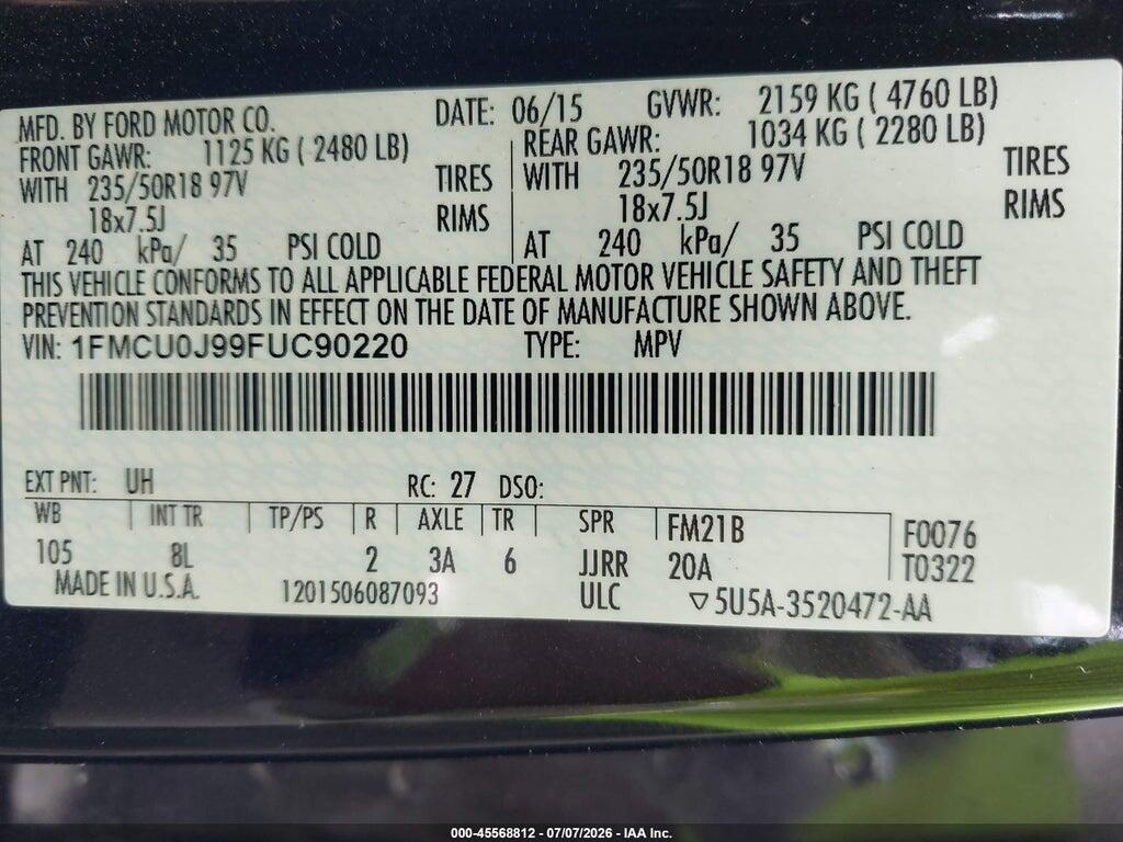 1FMCU0J99FUC90220 2015 FORD ESCAPE photo no. 9