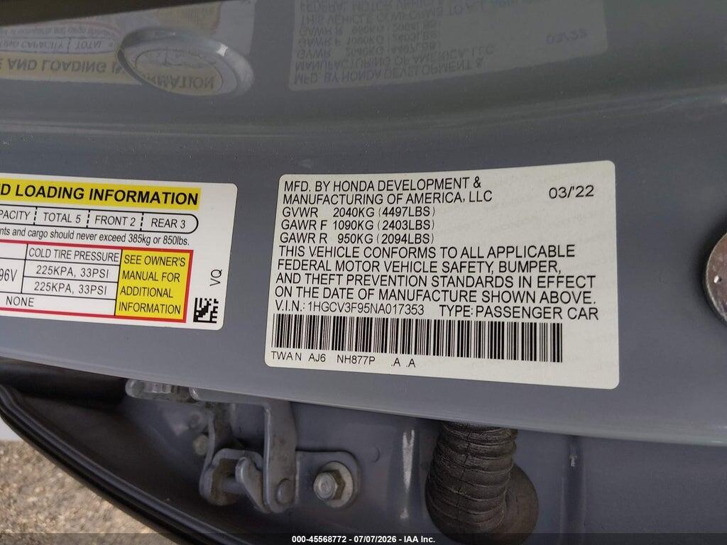 1HGCV3F95NA017353 2022 HONDA ACCORD HYBRID photo no. 9
