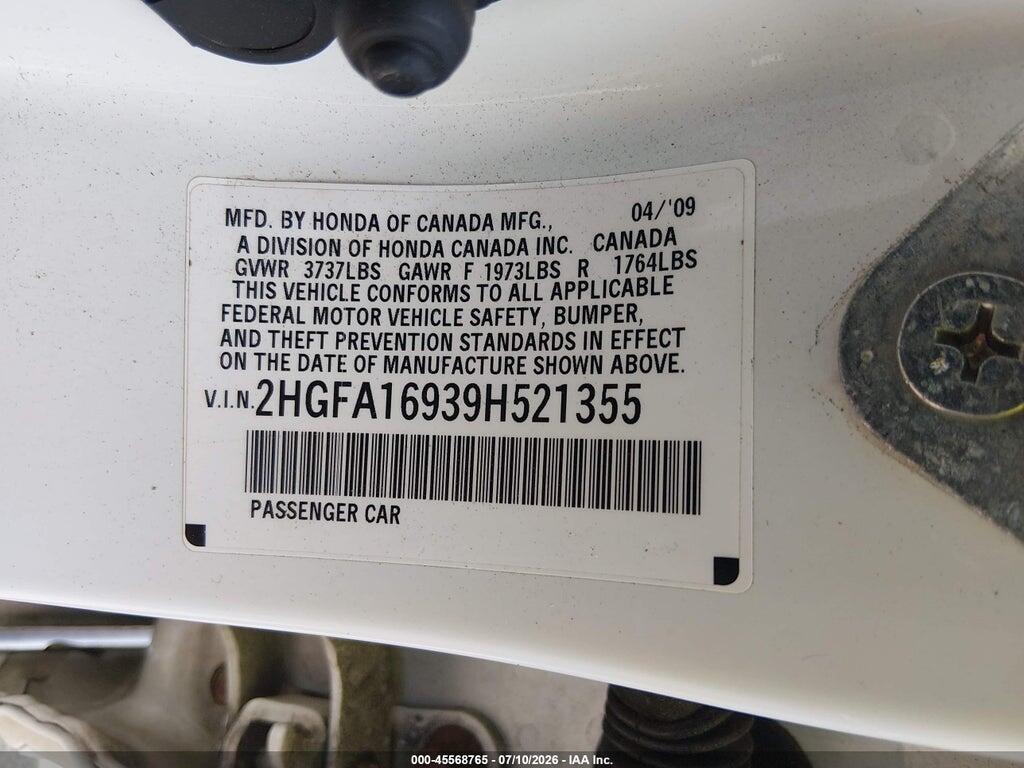 2HGFA16939H521355 2009 HONDA CIVIC photo no. 9