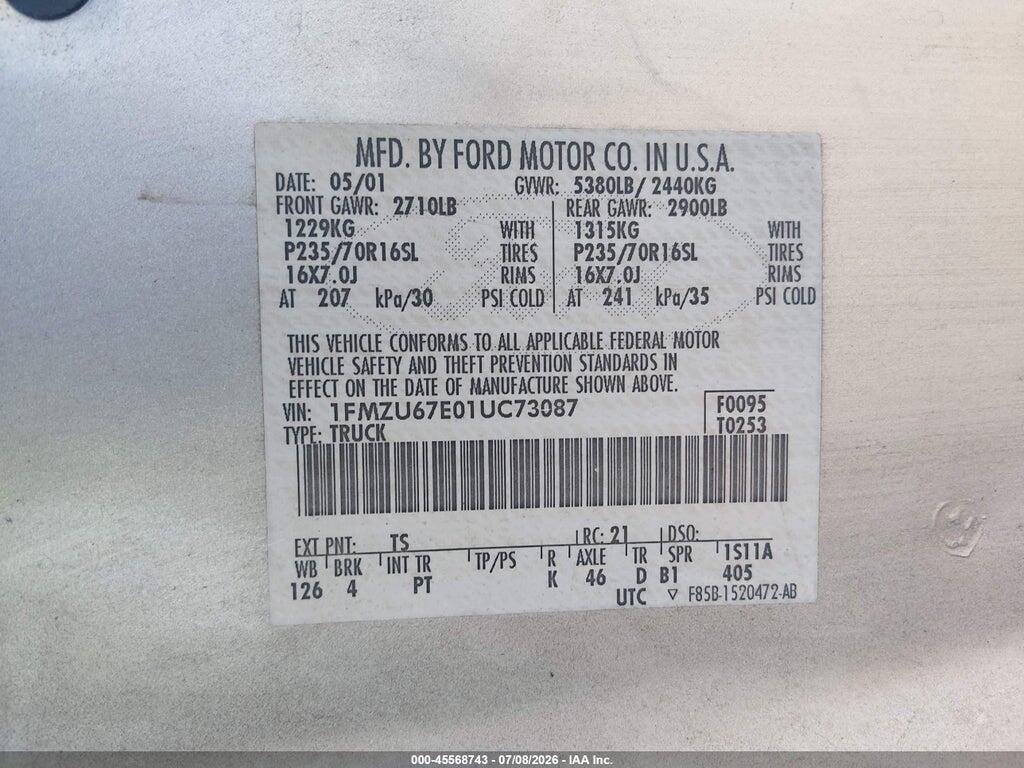 1FMZU67E01UC73087 2001 FORD EXPLORER SPORT TRAC photo no. 9