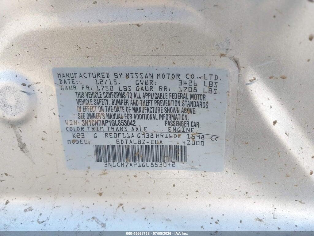 3N1CN7AP1GL853042 2016 NISSAN VERSA photo no. 9