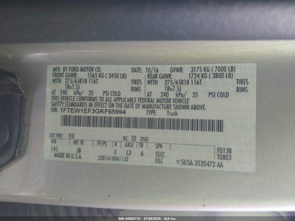 1FTEW1EF3GKF65994 2016 FORD F-150 photo no. 9