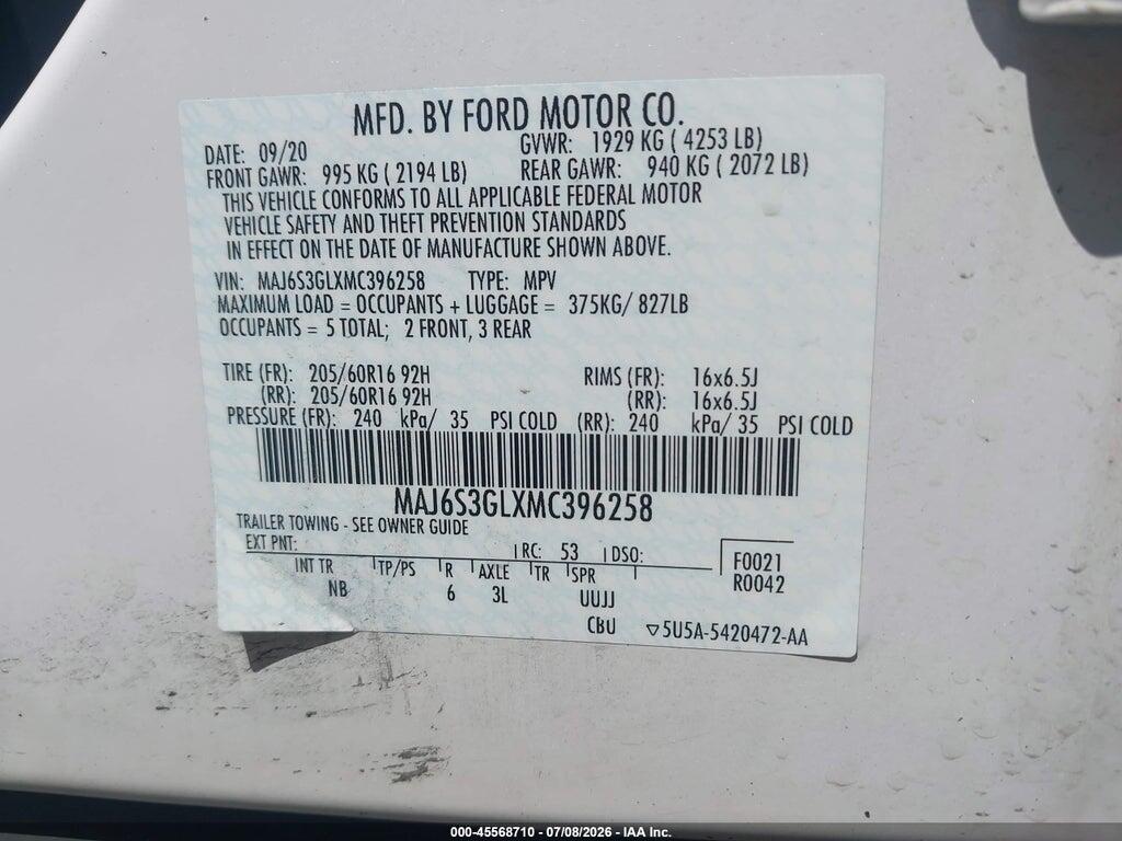 MAJ6S3GLXMC396258 2021 FORD ECOSPORT photo no. 9