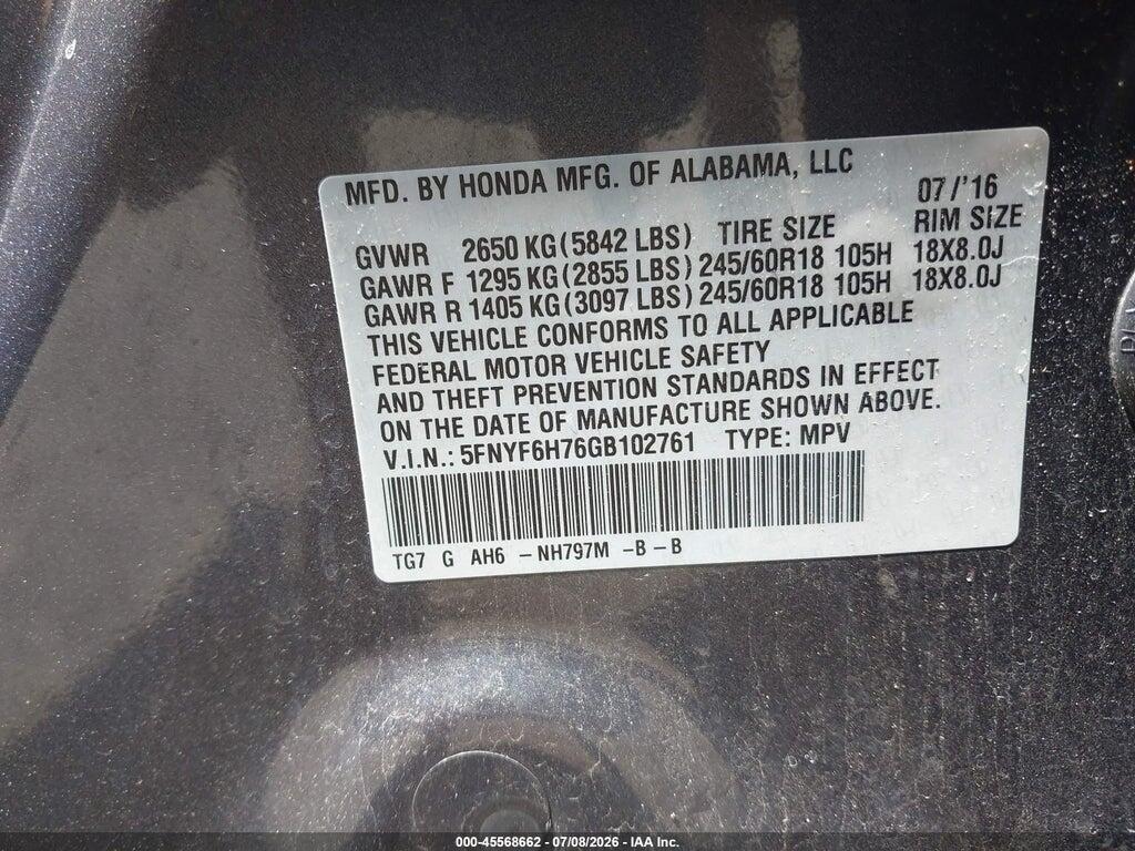 5FNYF6H76GB102761 2016 HONDA PILOT photo no. 9