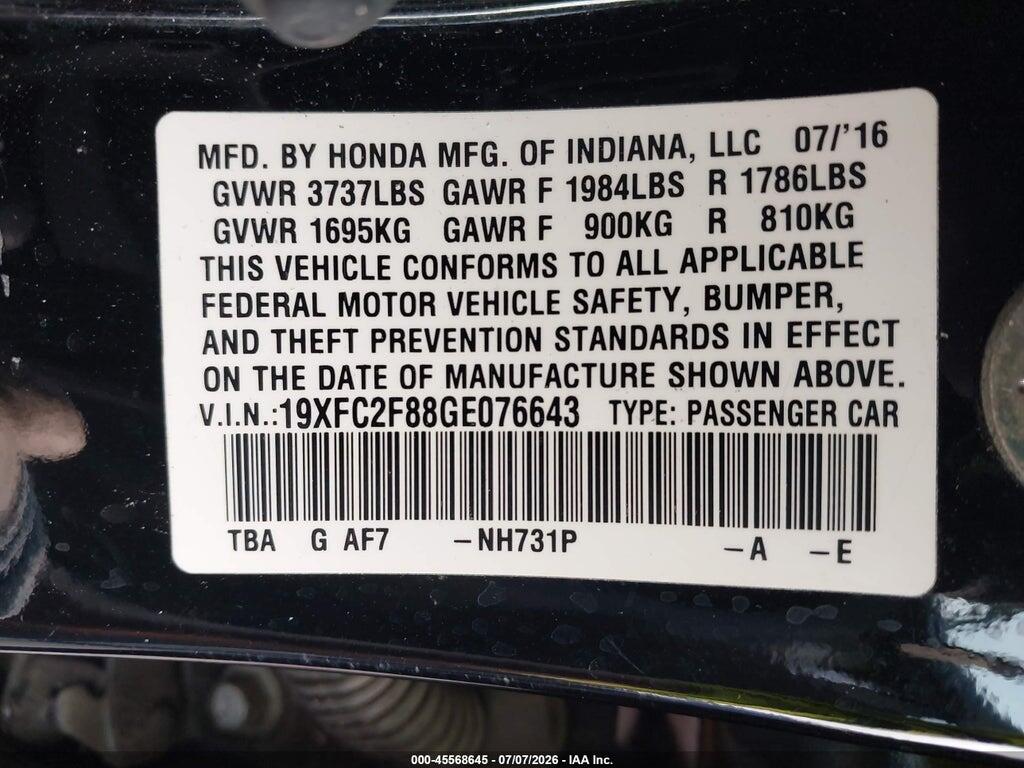 19XFC2F88GE076643 2016 HONDA CIVIC photo no. 9