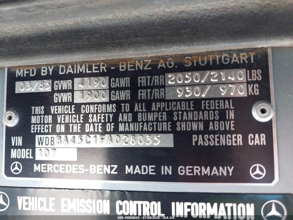 WDBBA45C1FA028035 1985 MERCEDES-BENZ 380 photo no. 9