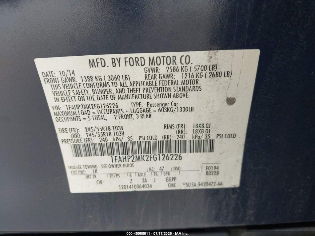 1FAHP2MK2FG126226 2015 FORD POLICE INTERCEPTOR photo no. 9