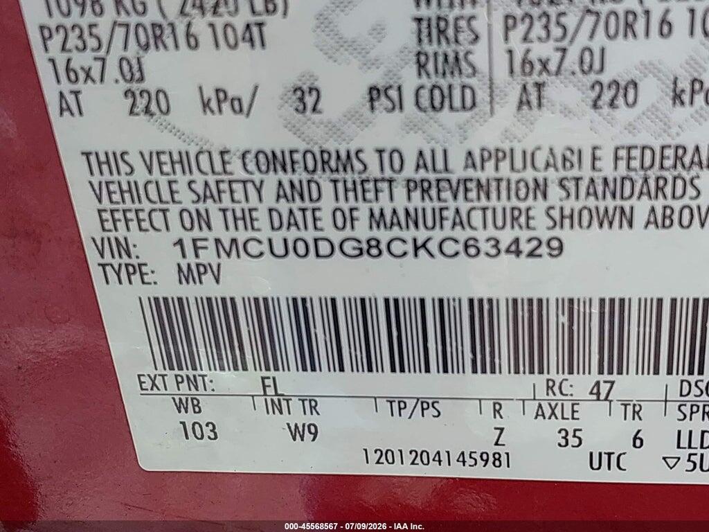 1FMCU0DG8CKC63429 2012 FORD ESCAPE photo no. 9