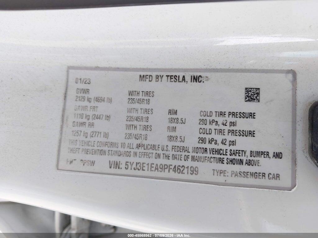 5YJ3E1EA9PF462199 2023 TESLA MODEL 3 photo no. 9