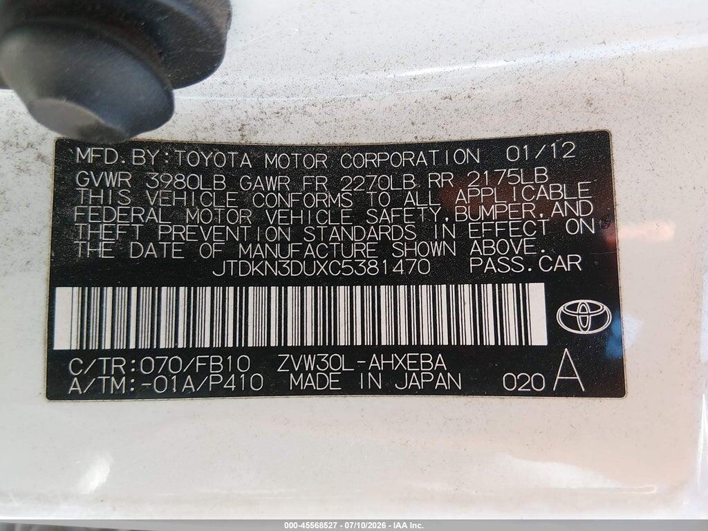JTDKN3DUXC5381470 2012 TOYOTA PRIUS photo no. 9