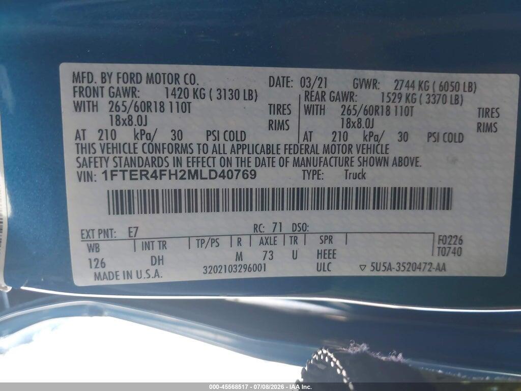 1FTER4FH2MLD40769 2021 FORD RANGER photo no. 9