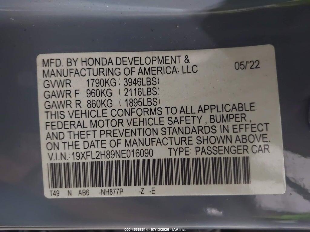 19XFL2H89NE016090 2022 HONDA CIVIC photo no. 9