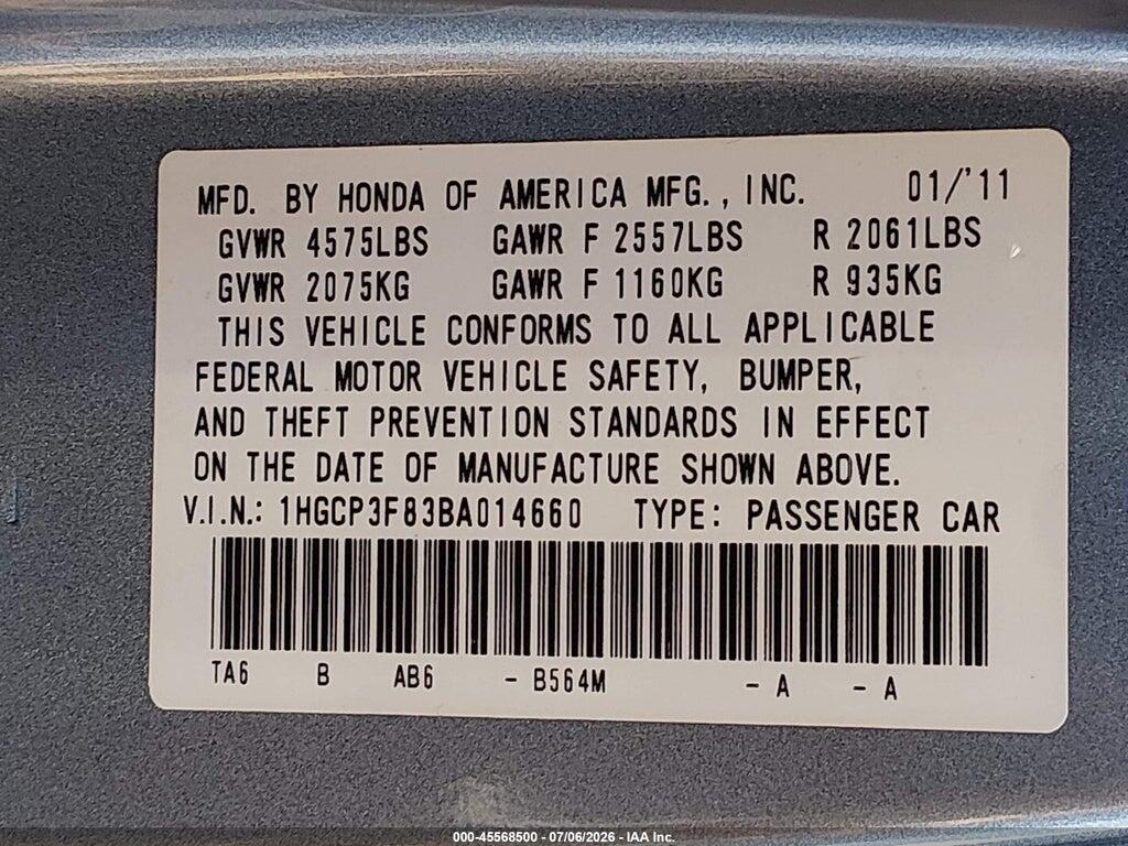 1HGCP3F83BA014660 2011 HONDA ACCORD photo no. 9