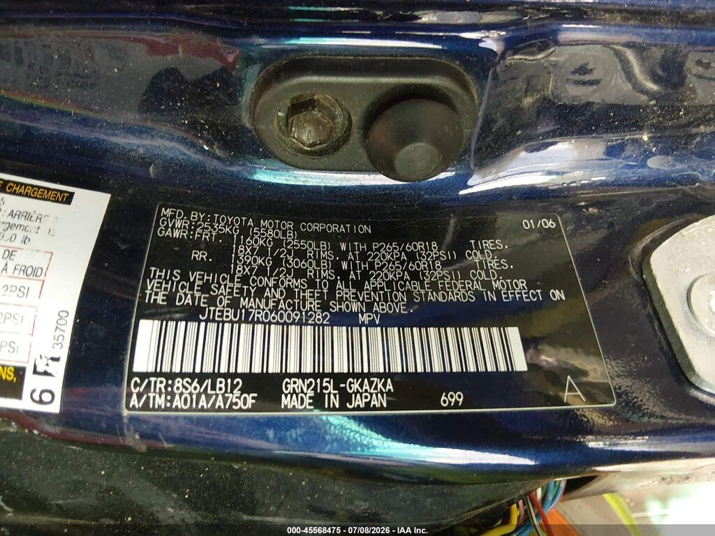 JTEBU17R060091282 2006 TOYOTA 4RUNNER photo no. 9