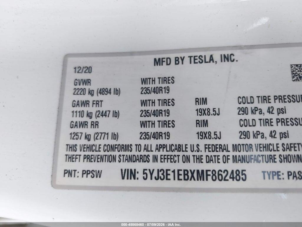 5YJ3E1EBXMF862485 2021 TESLA MODEL 3 photo no. 9