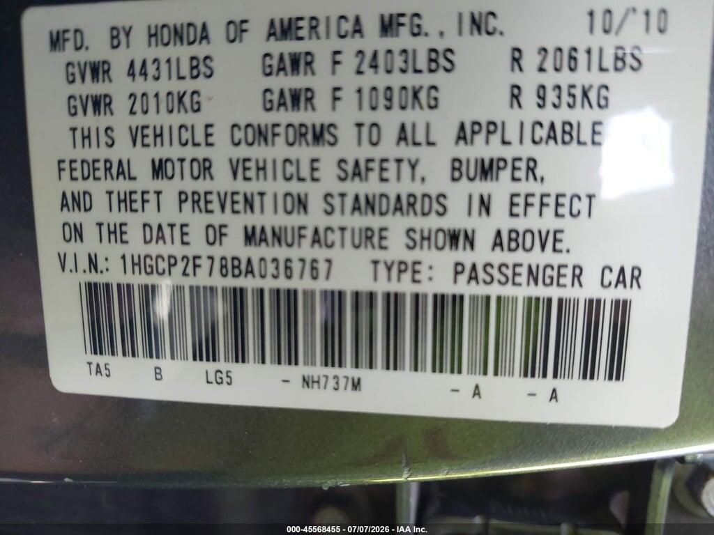 1HGCP2F78BA036767 2011 HONDA ACCORD photo no. 9