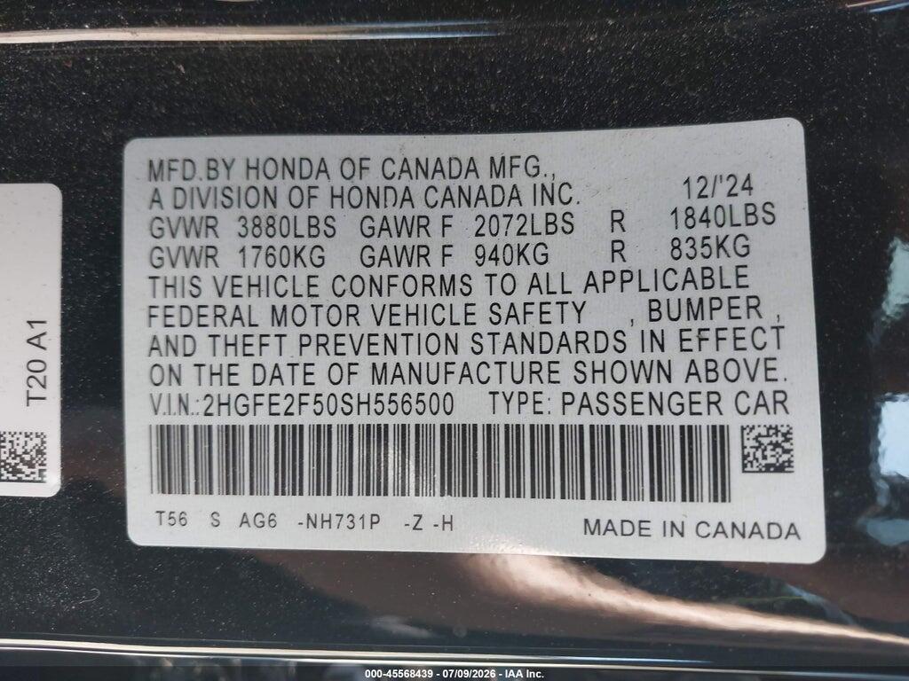 2HGFE2F50SH556500 2025 HONDA CIVIC photo no. 9