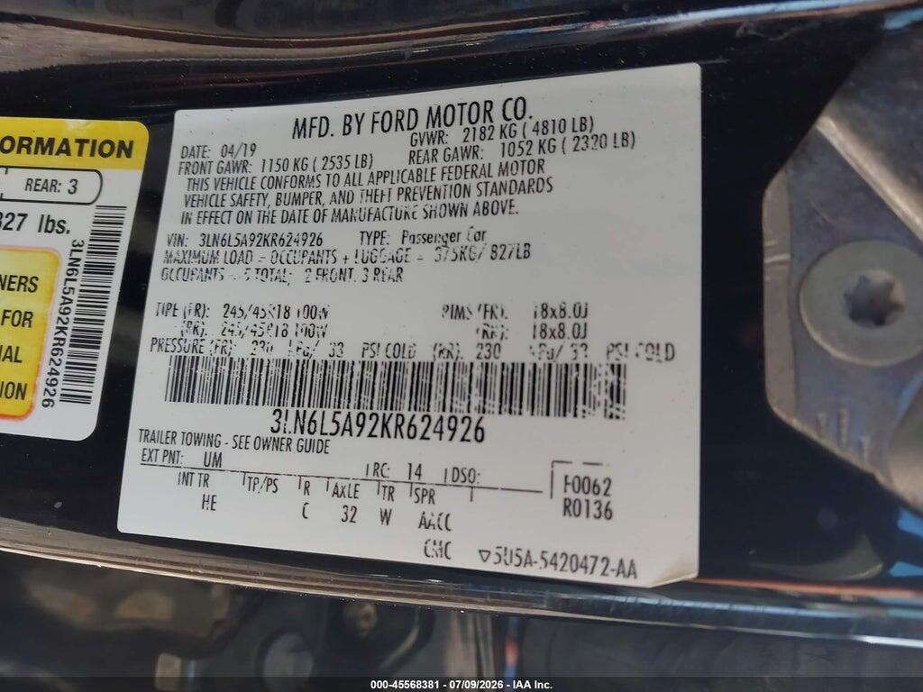 3LN6L5A92KR624926 2019 LINCOLN MKZ photo no. 9