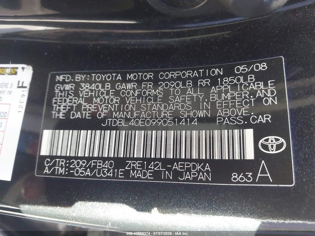 JTDBL40E099051414 2009 TOYOTA COROLLA photo no. 9