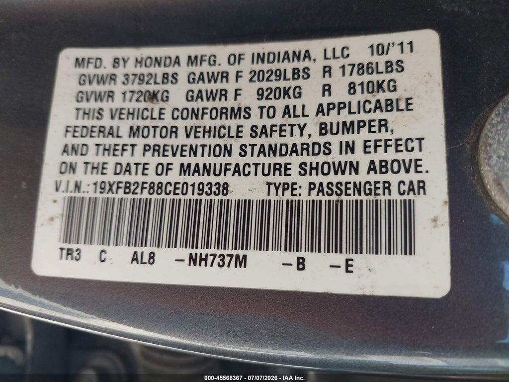 19XFB2F88CE019338 2012 HONDA CIVIC photo no. 9