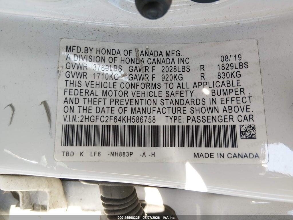 2HGFC2F64KH586758 2019 HONDA CIVIC photo no. 9