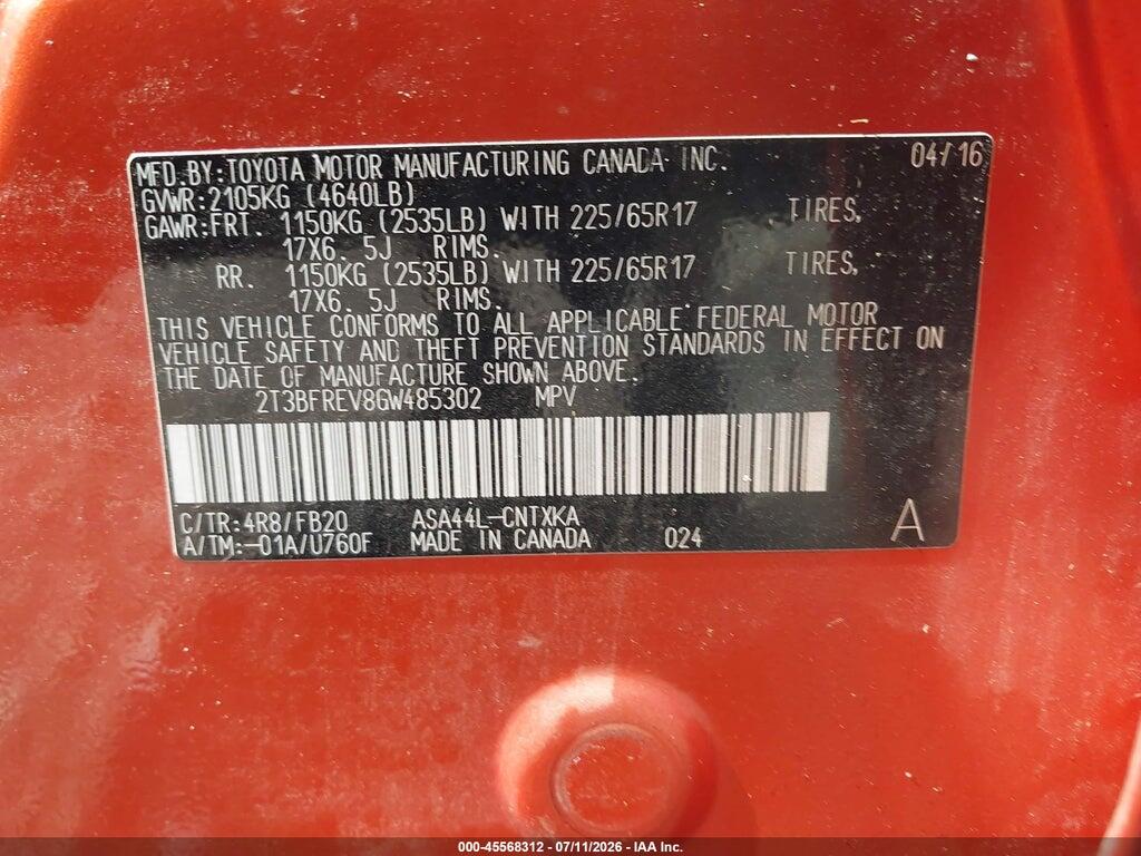 2T3BFREV8GW485302 2016 TOYOTA RAV4 photo no. 9