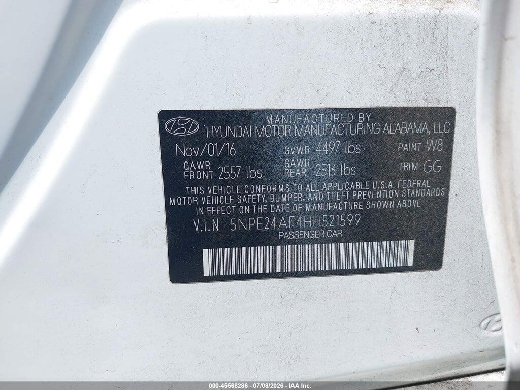 5NPE24AF4HH521599 2017 HYUNDAI SONATA photo no. 9