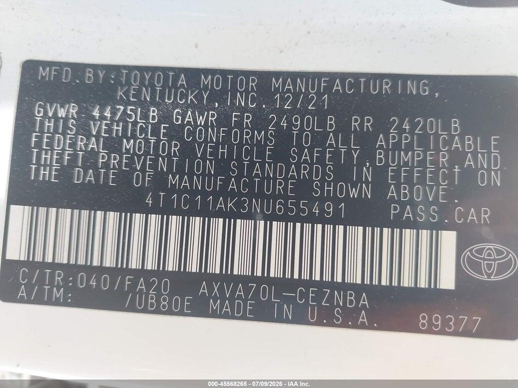 4T1C11AK3NU655491 2022 TOYOTA CAMRY photo no. 9