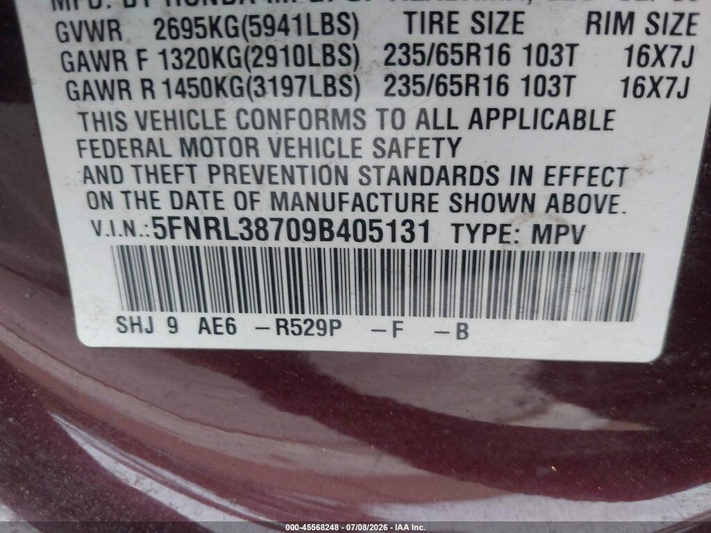 5FNRL38709B405131 2009 HONDA ODYSSEY photo no. 9