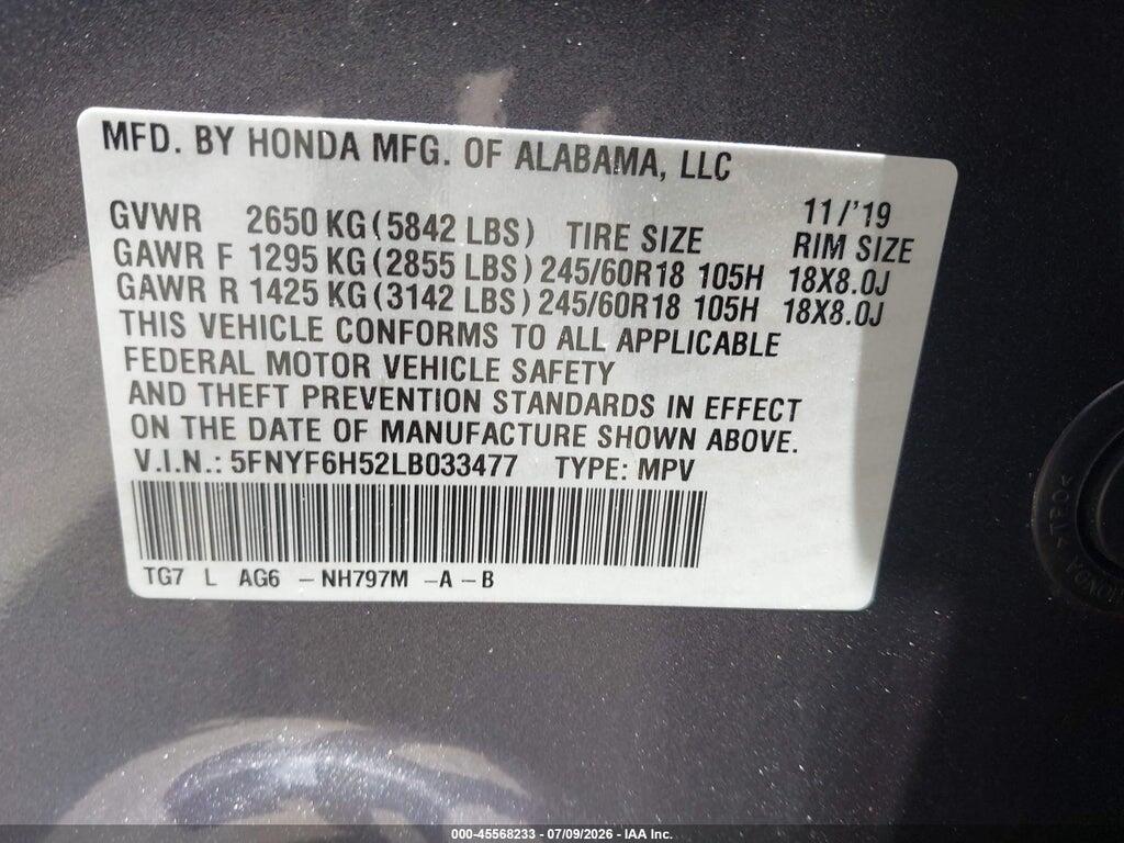 5FNYF6H52LB033477 2020 HONDA PILOT photo no. 9