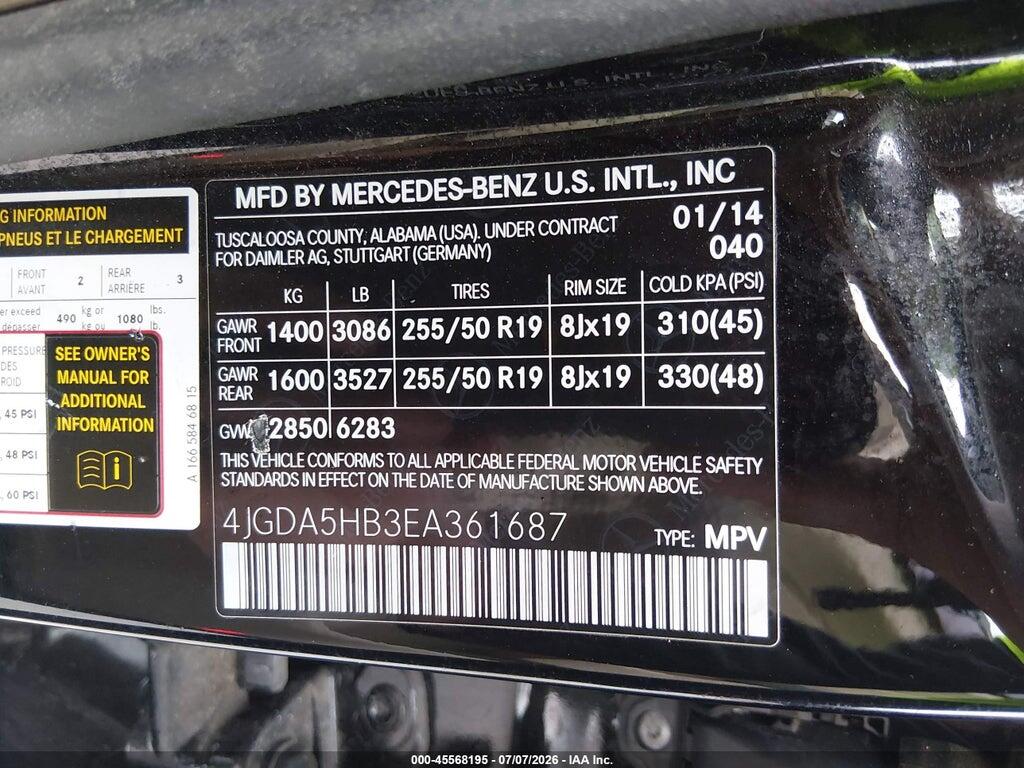 4JGDA5HB3EA361687 2014 MERCEDES-BENZ ML 350 photo no. 9