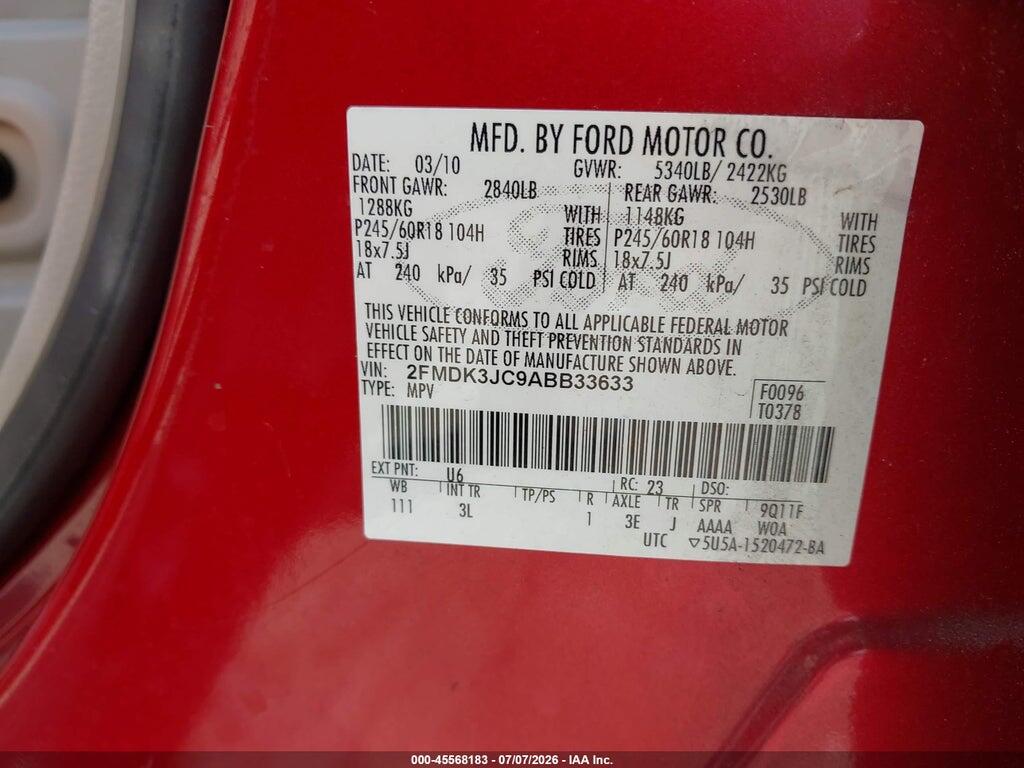 2FMDK3JC9ABB33633 2010 FORD EDGE photo no. 9