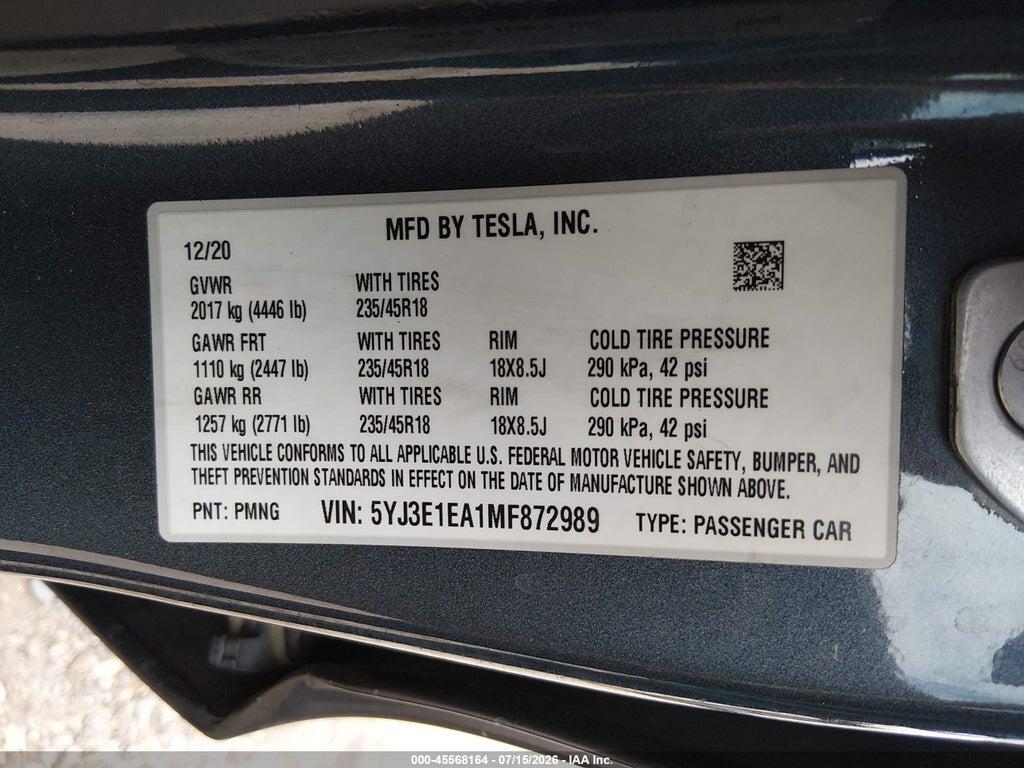5YJ3E1EA1MF872989 2021 TESLA MODEL 3 photo no. 9