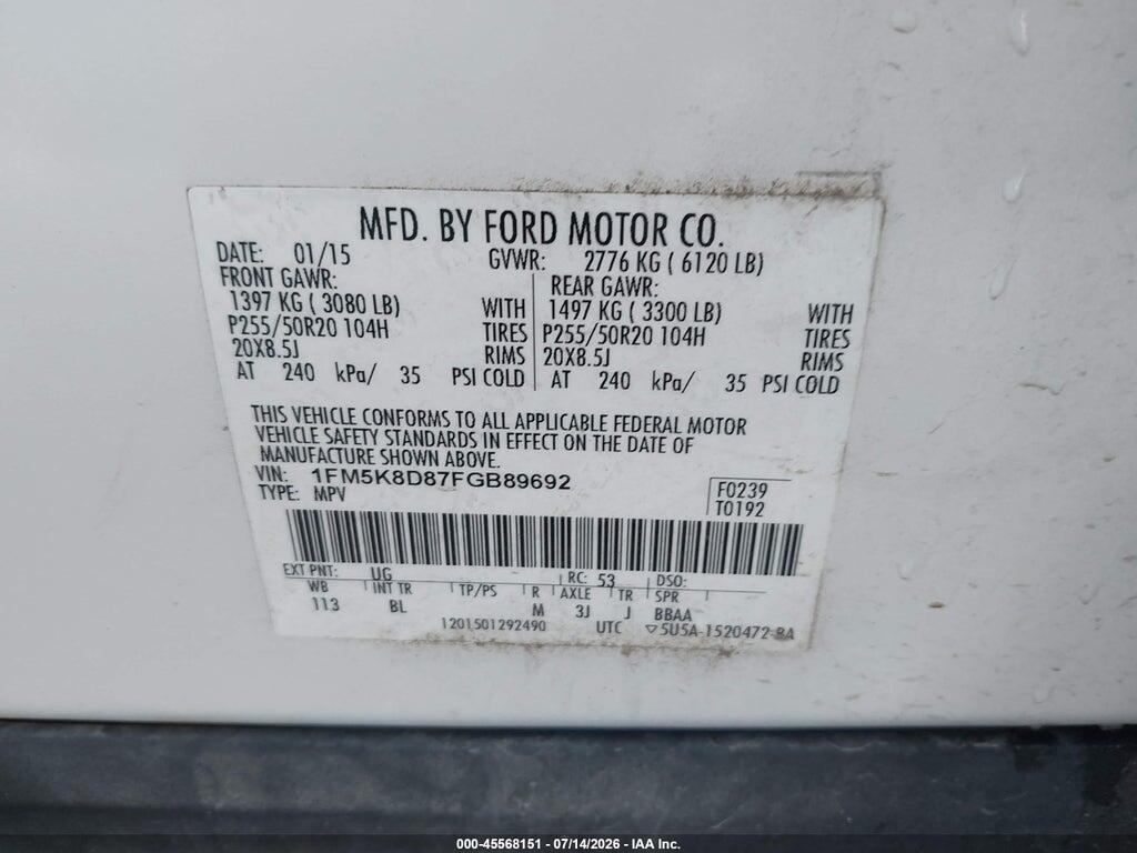 1FM5K8D87FGB89692 2015 FORD EXPLORER photo no. 9