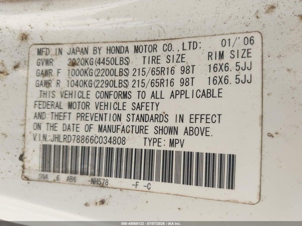JHLRD78866C034808 2006 HONDA CR-V photo no. 9