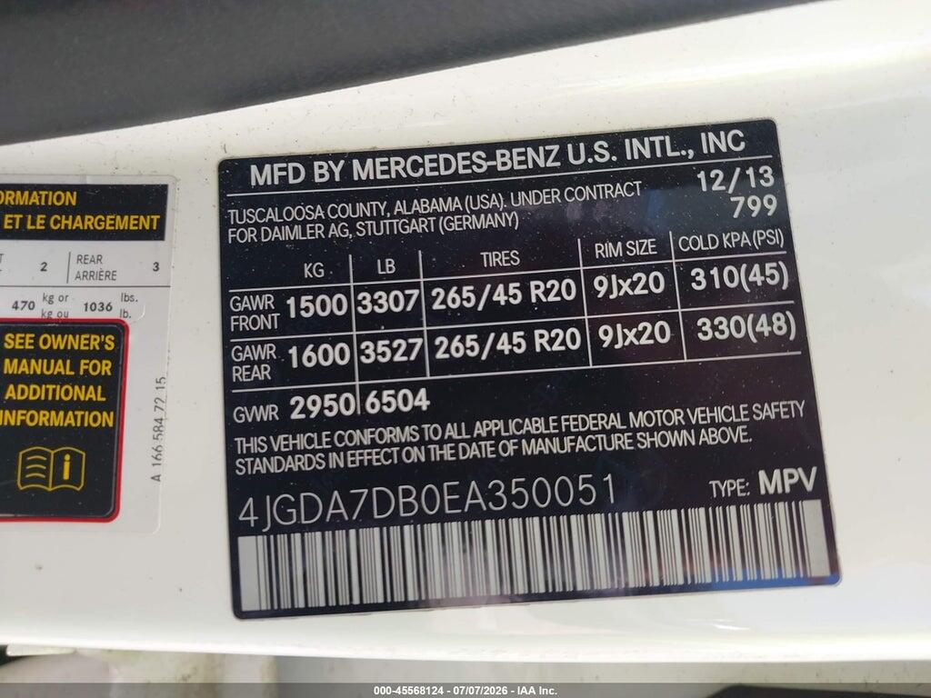 4JGDA7DB0EA350051 2014 MERCEDES-BENZ ML 550 photo no. 9