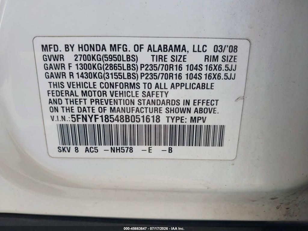 5FNYF18548B051618 2008 HONDA PILOT photo no. 9