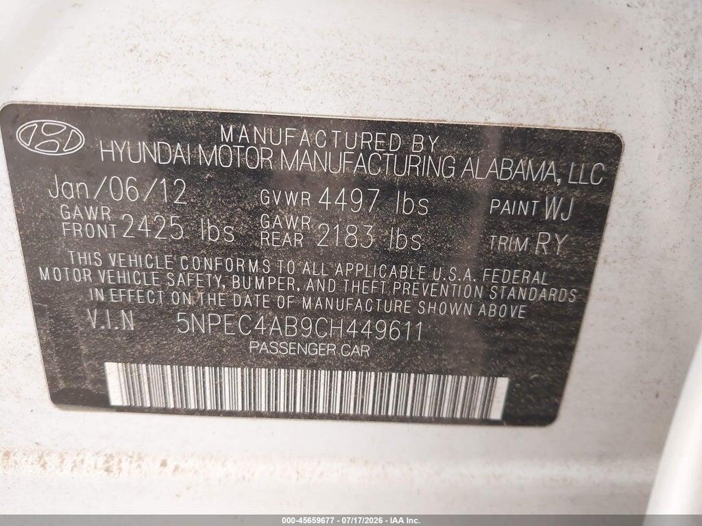 5NPEC4AB9CH449611 2012 HYUNDAI SONATA photo no. 9