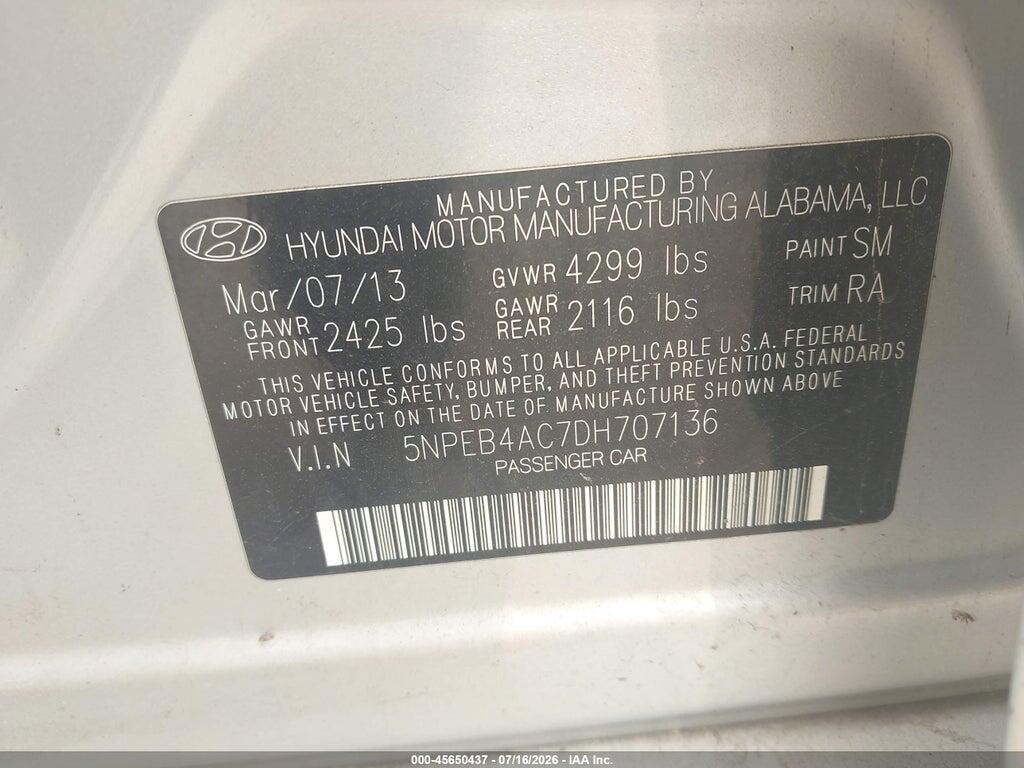 5NPEB4AC7DH707136 2013 HYUNDAI SONATA photo no. 9