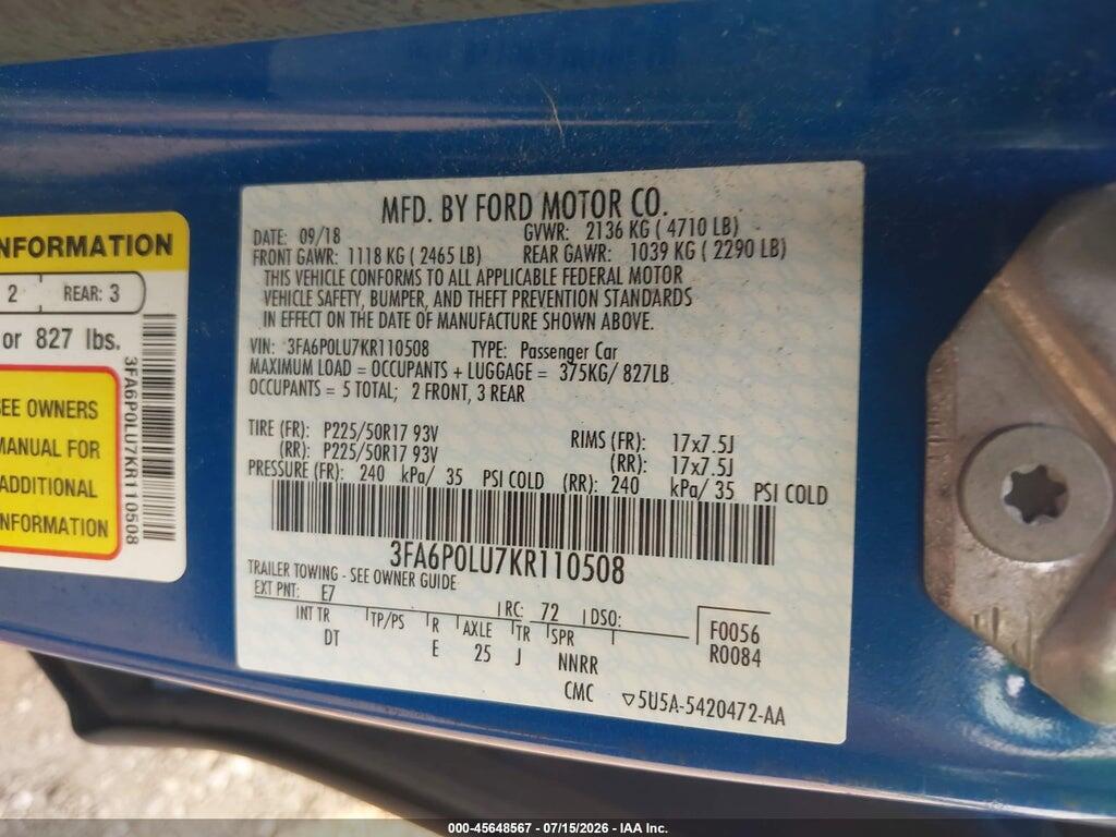 3FA6P0LU7KR110508 2019 FORD FUSION HYBRID photo no. 9
