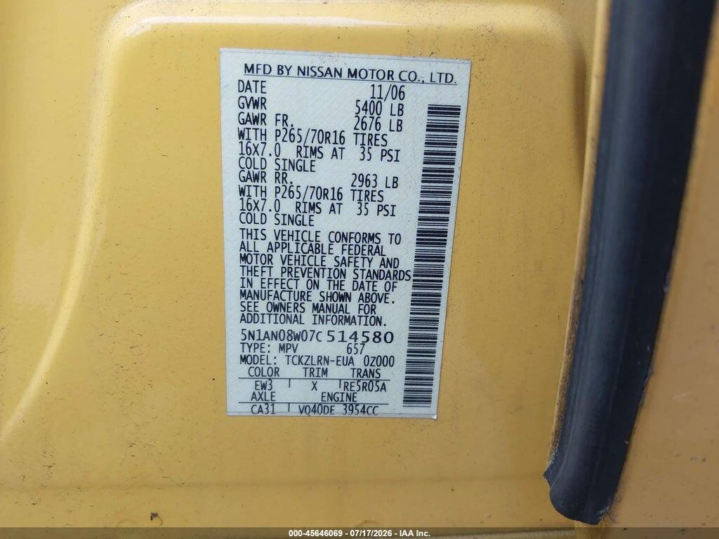 5N1AN08W07C514580 2007 NISSAN XTERRA photo no. 9