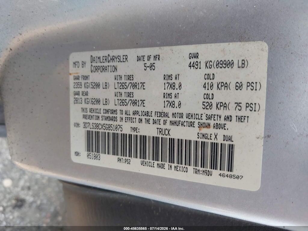 3D7LS38CX5G851075 2005 DODGE RAM 3500 photo no. 9