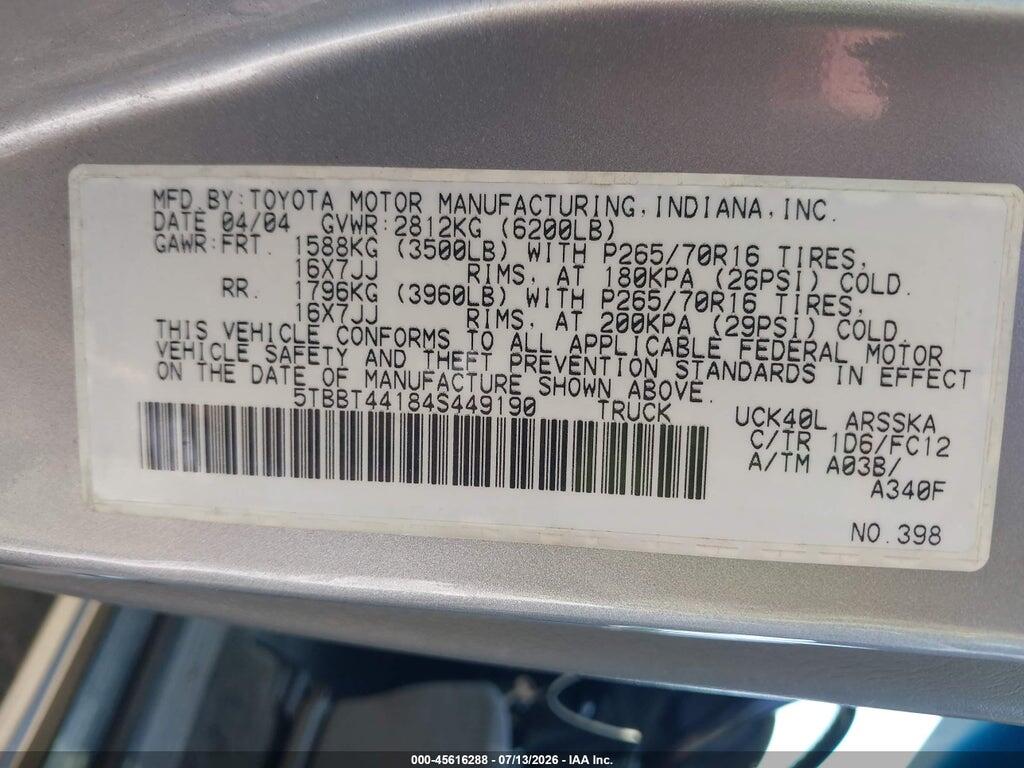 5TBBT44184S449190 2004 TOYOTA TUNDRA photo no. 9
