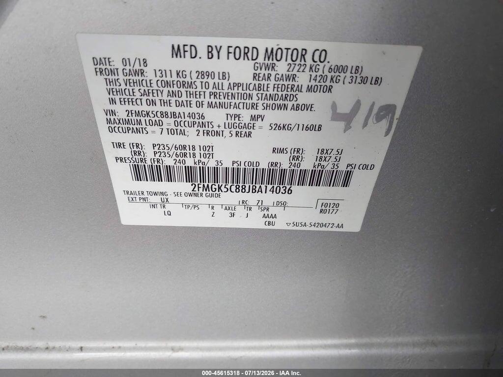2FMGK5C88JBA14036 2018 FORD FLEX photo no. 9