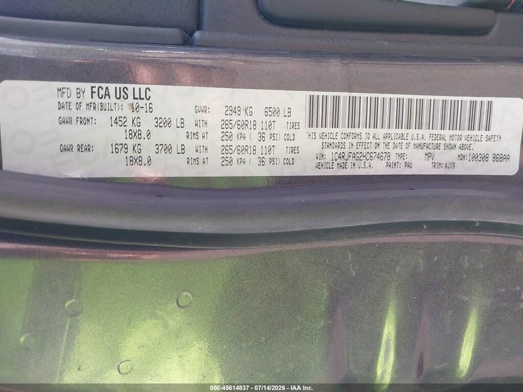1C4RJFAG2HC674678 2017 JEEP GRAND CHEROKEE photo no. 9