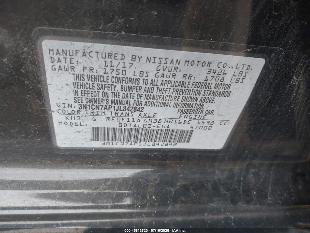 3N1CN7AP1JL842842 2018 NISSAN VERSA photo no. 9