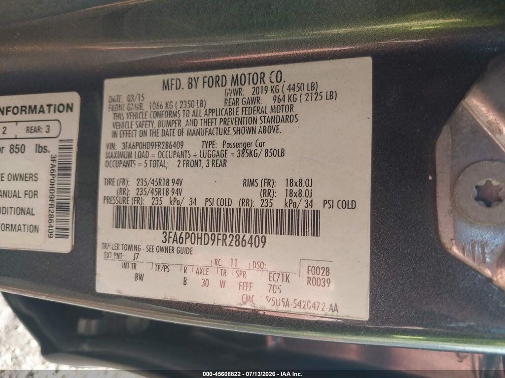 3FA6P0HD9FR286409 2015 FORD FUSION photo no. 9