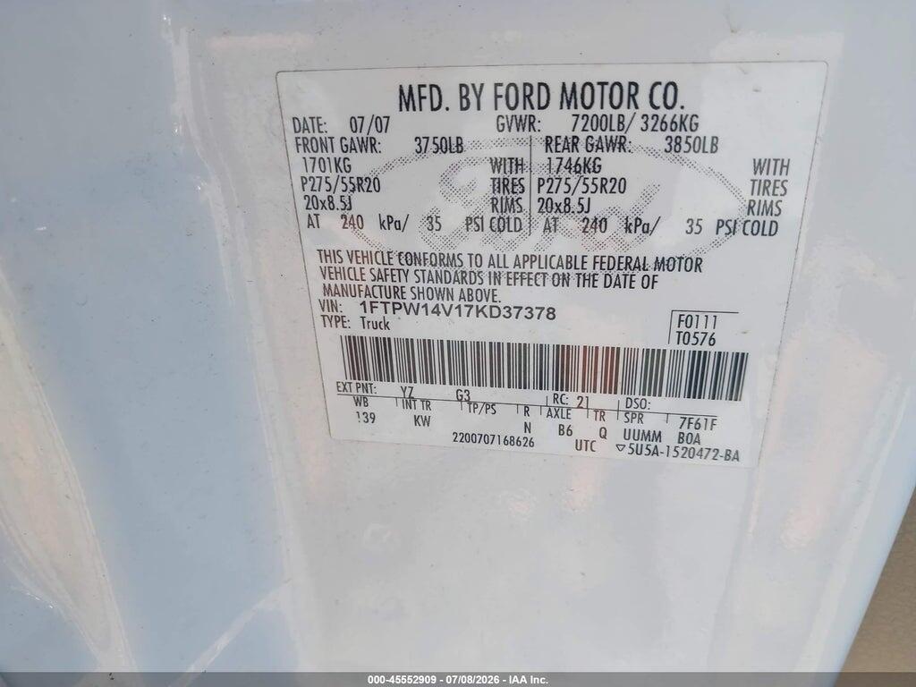 1FTPW14V17KD37378 2007 FORD F-150 photo no. 9